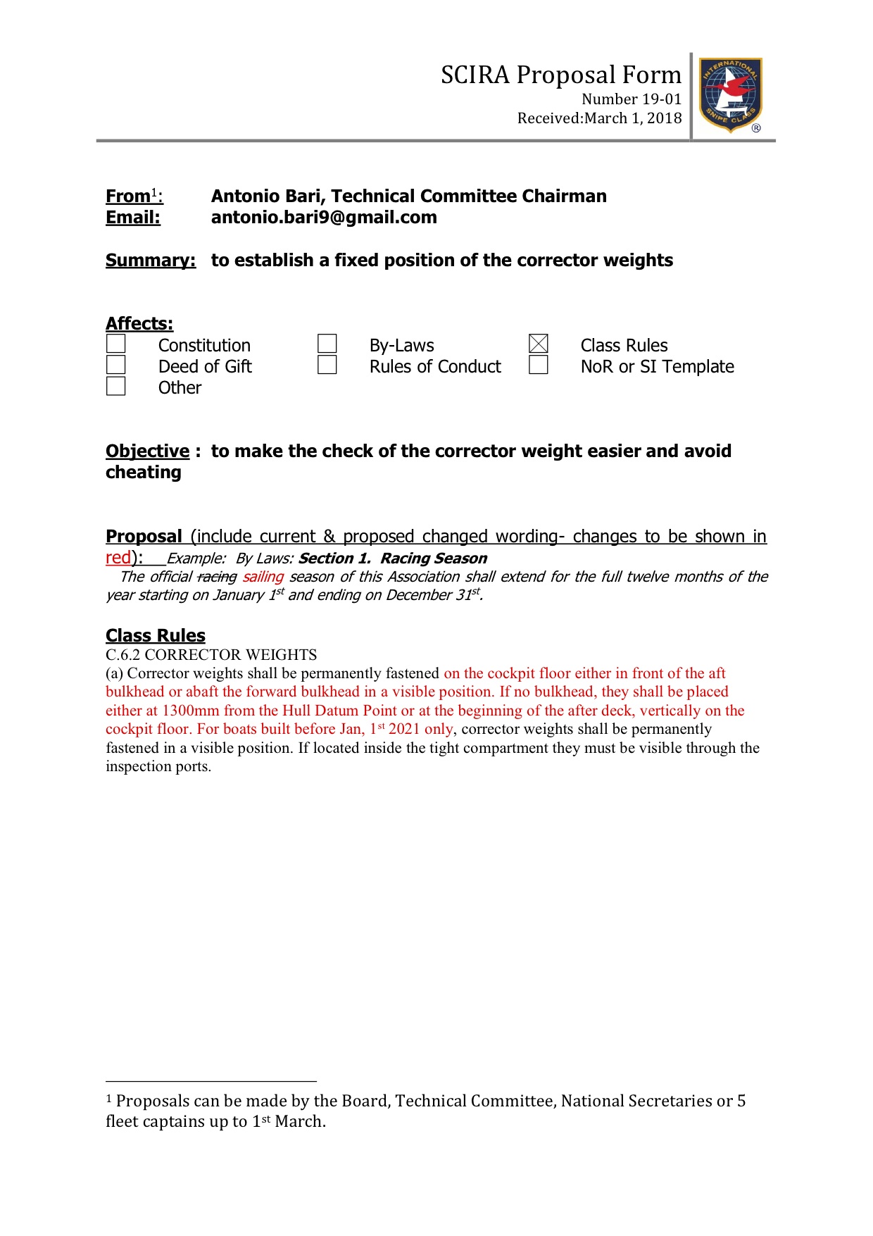 Rule Change Proposal: 19-01 Class Rules, Corrector Weights Image