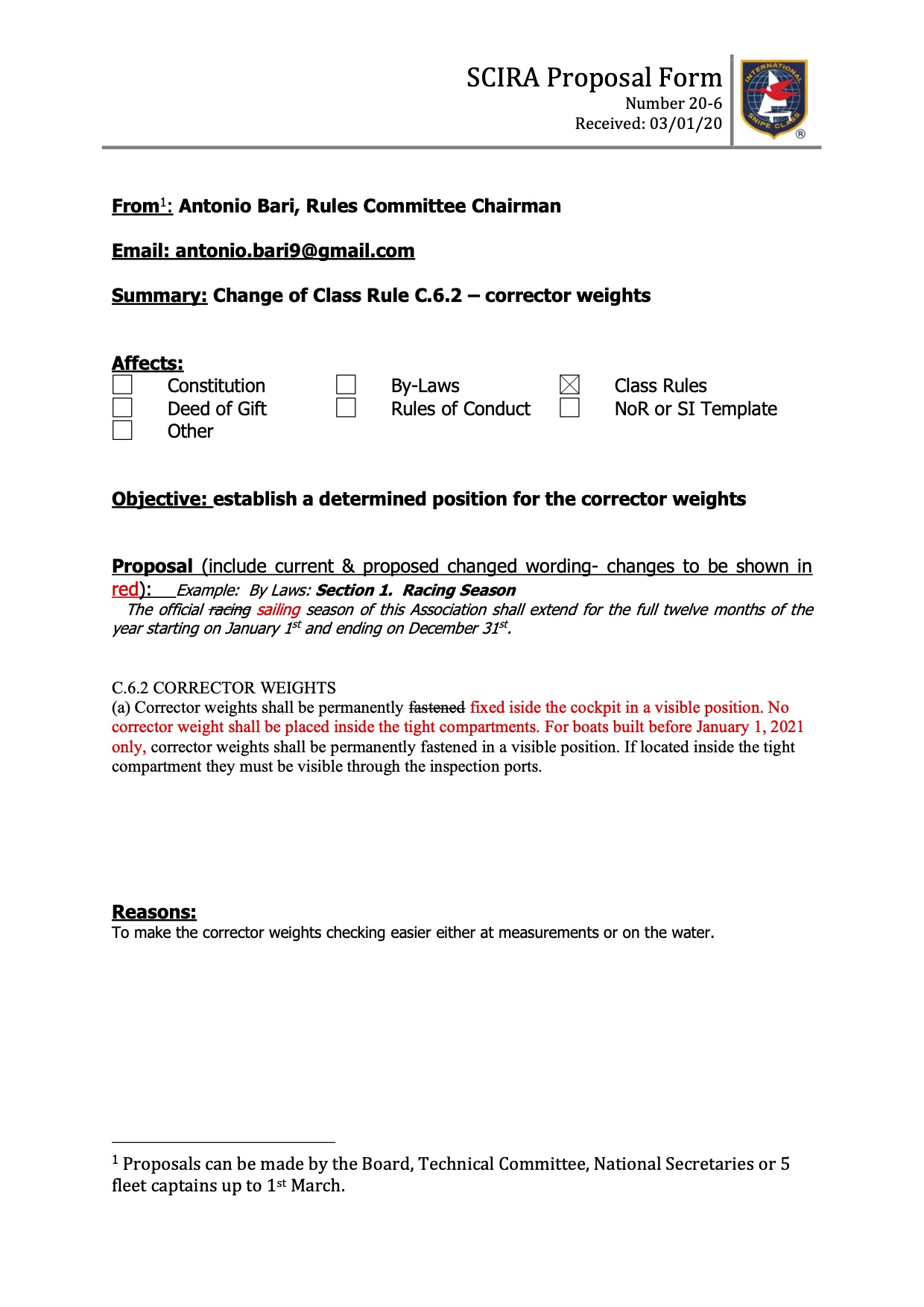 Rule Change Proposal: 20-06 Rules C6.2 – Establish a Determined Position for Corrector Weights Image