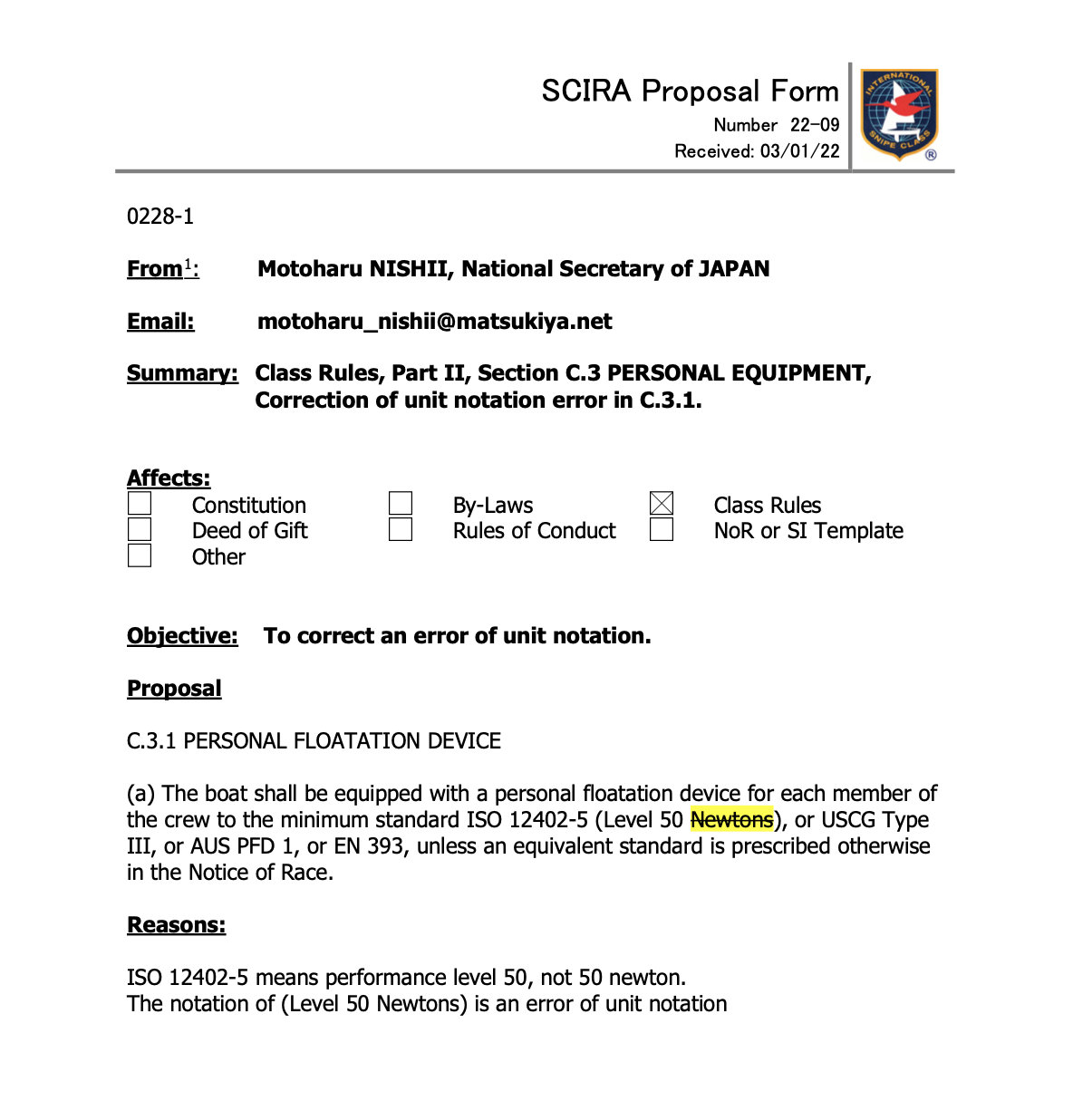 Rule Change Proposal: 22-09 Personal flotation Image