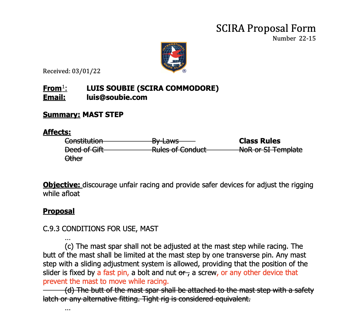 Rule Change Proposal: 22-15 Mast Step Image