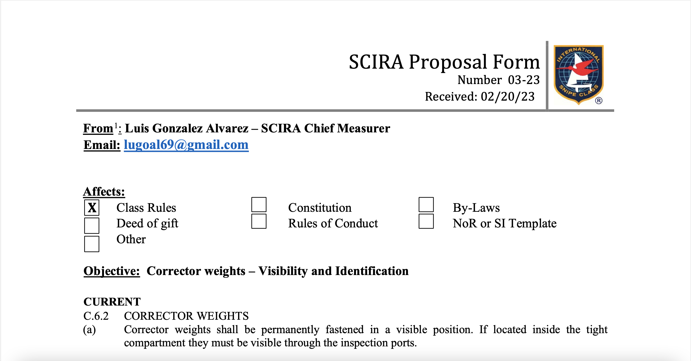 Rule Change Proposal: 23-03 a & b – Corrector Weights Image