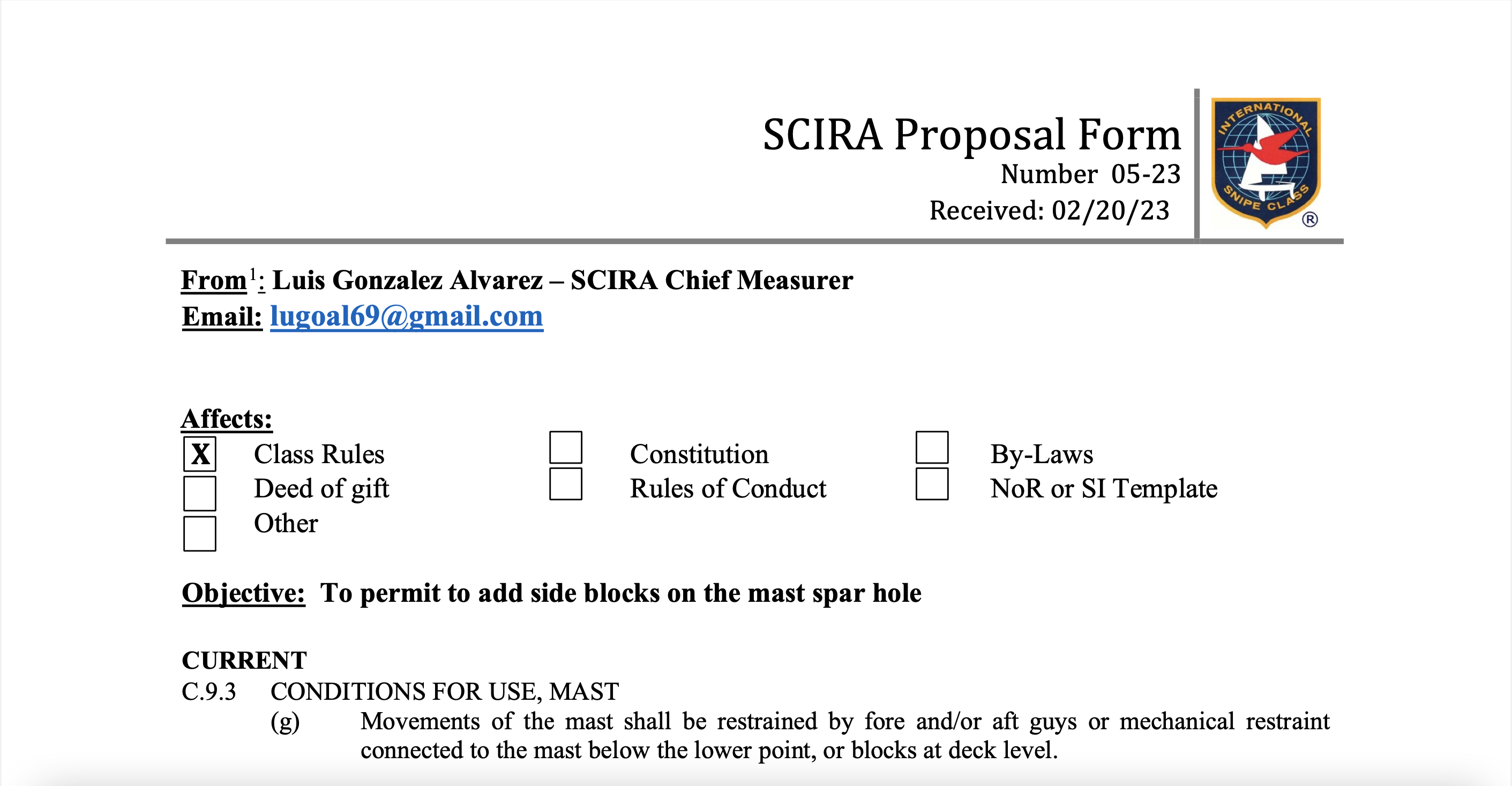 Rule Change Proposal: 23-05 a & b – Mast Blocks Image