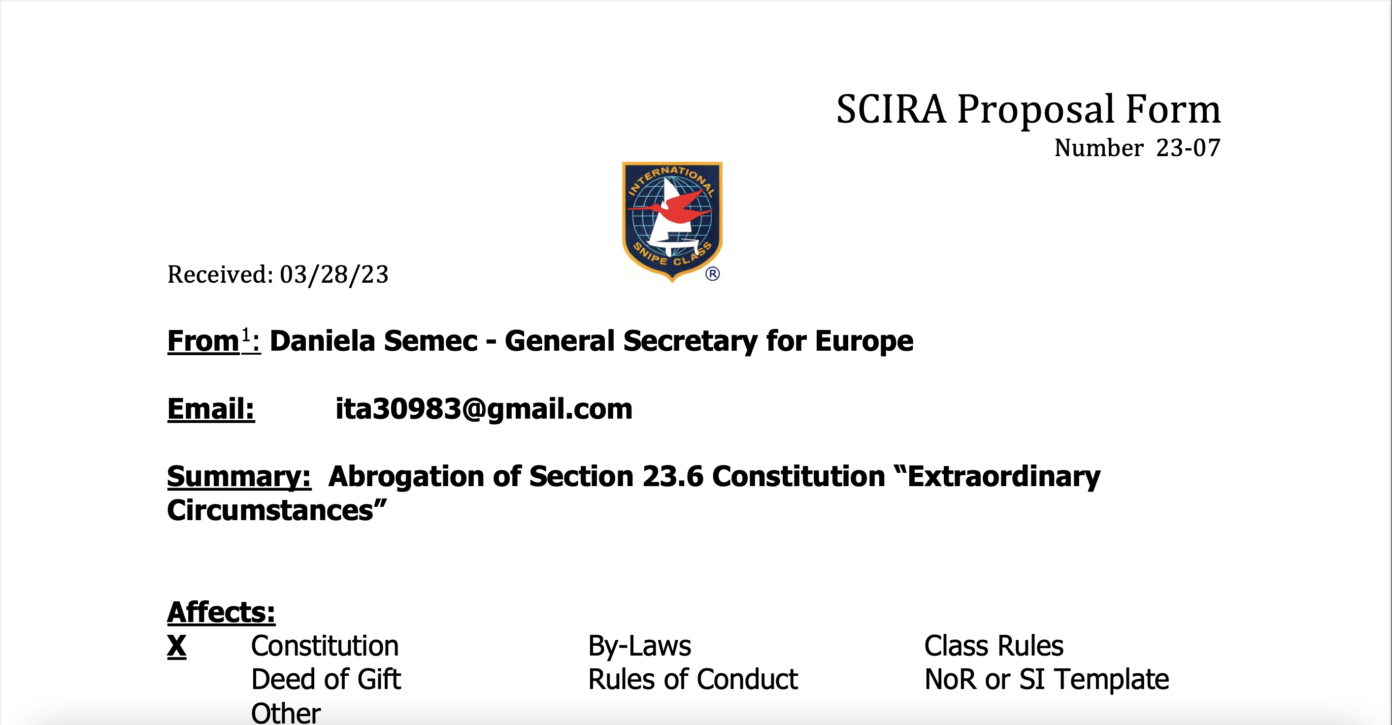 Rule Change Proposal: 23-07 SCIRA Section 23.6 Constitution Image