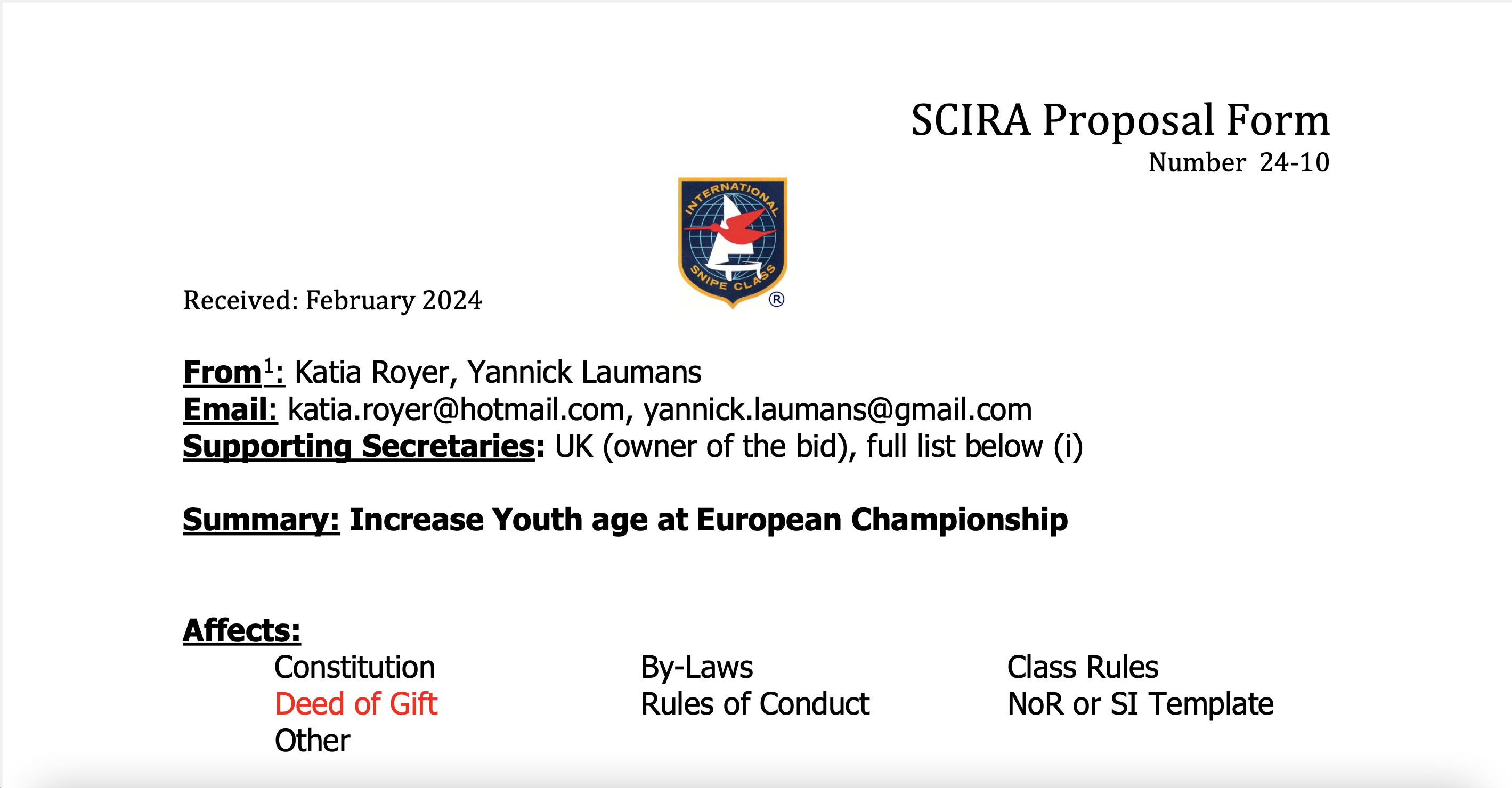 Rule Change Proposal: 24-10 Deed of Gift – Youth Image