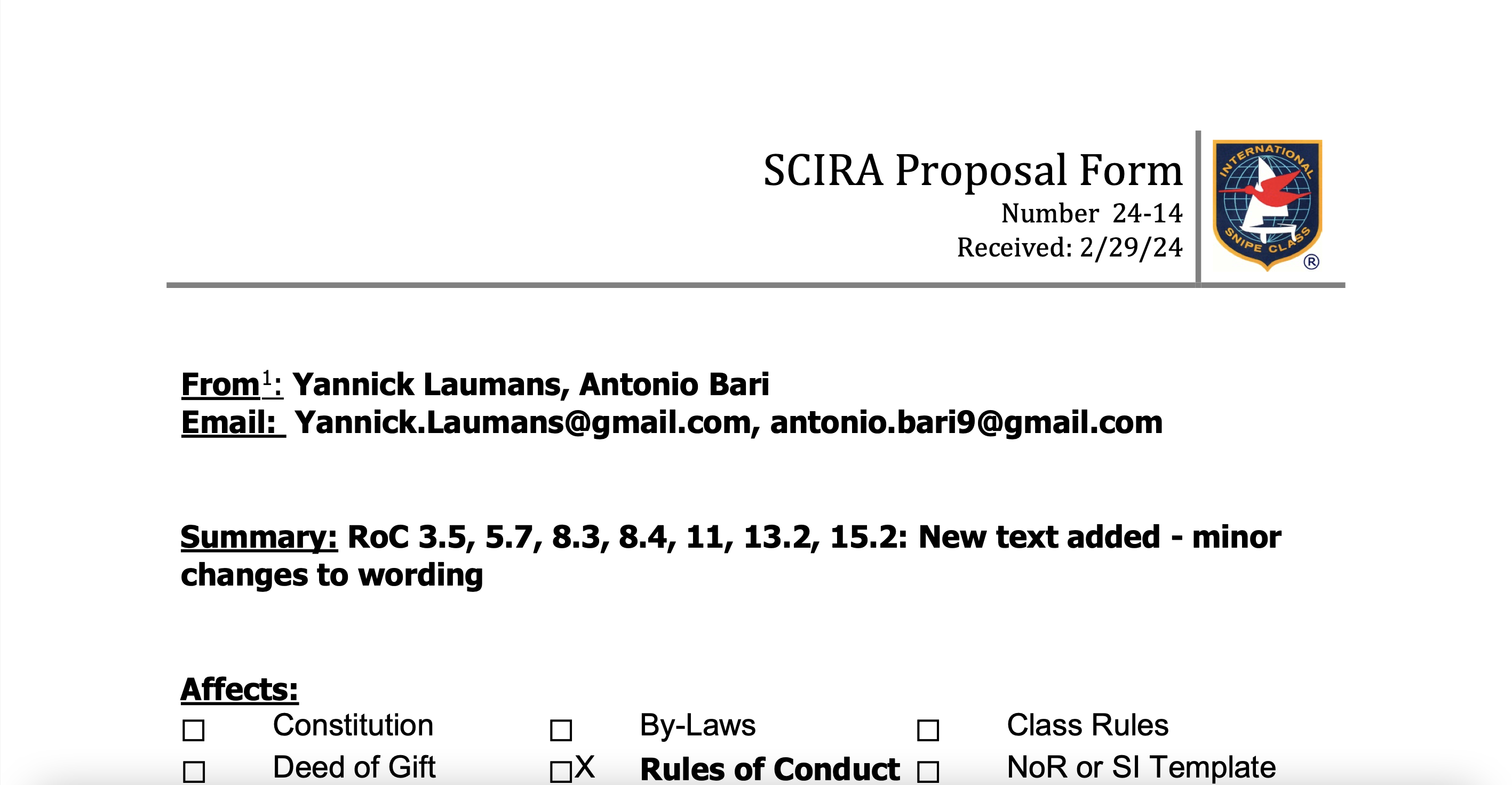 Rule Change Proposal: 24-14 Rules of Conduct – 3.5 through 15 Image