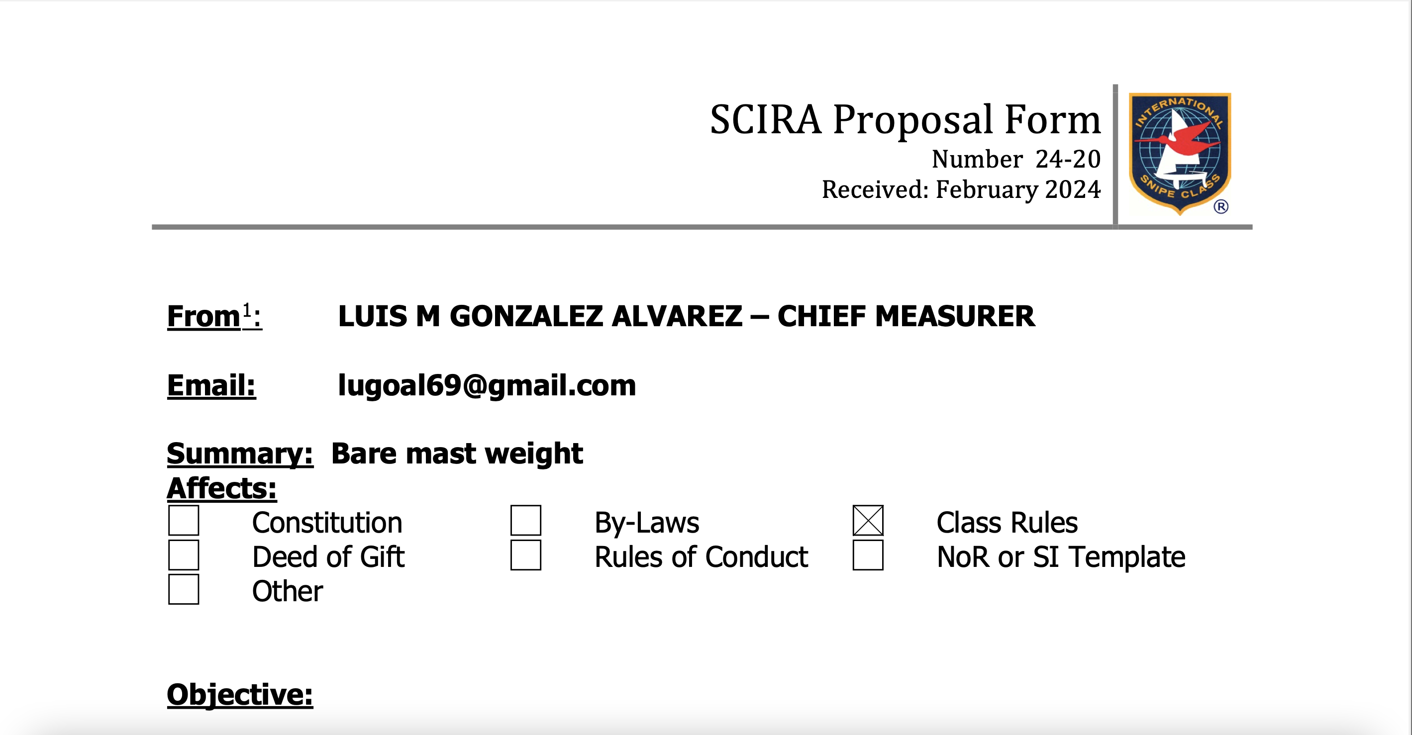 Rule Change Proposal: 24-20 Class Rules F3.3 mast weight Image