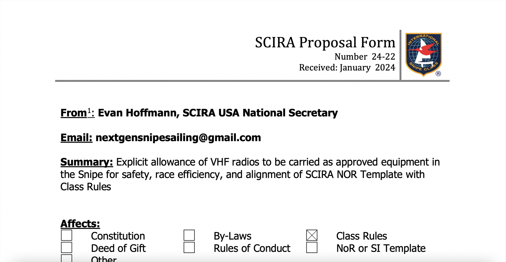 Rule Change Proposal 2422 Class Rules VHF radio Snipe Class
